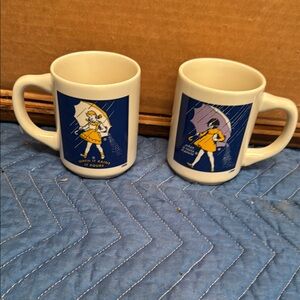 Vintage Morton Salt blue yellow white set of 2  Mugs